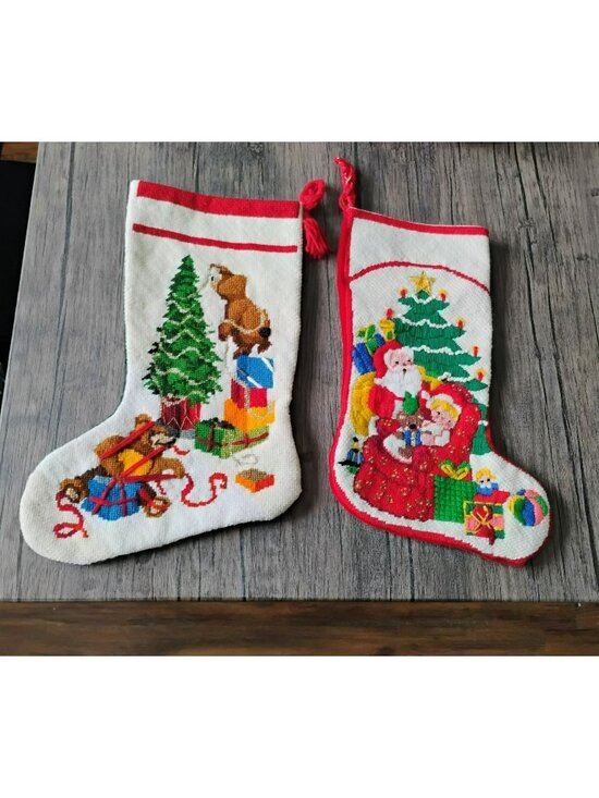 Vintage Other - Vintage Handmade Needlepoint Christmas Stockings Set Of 2 Santa & Bear Trimming